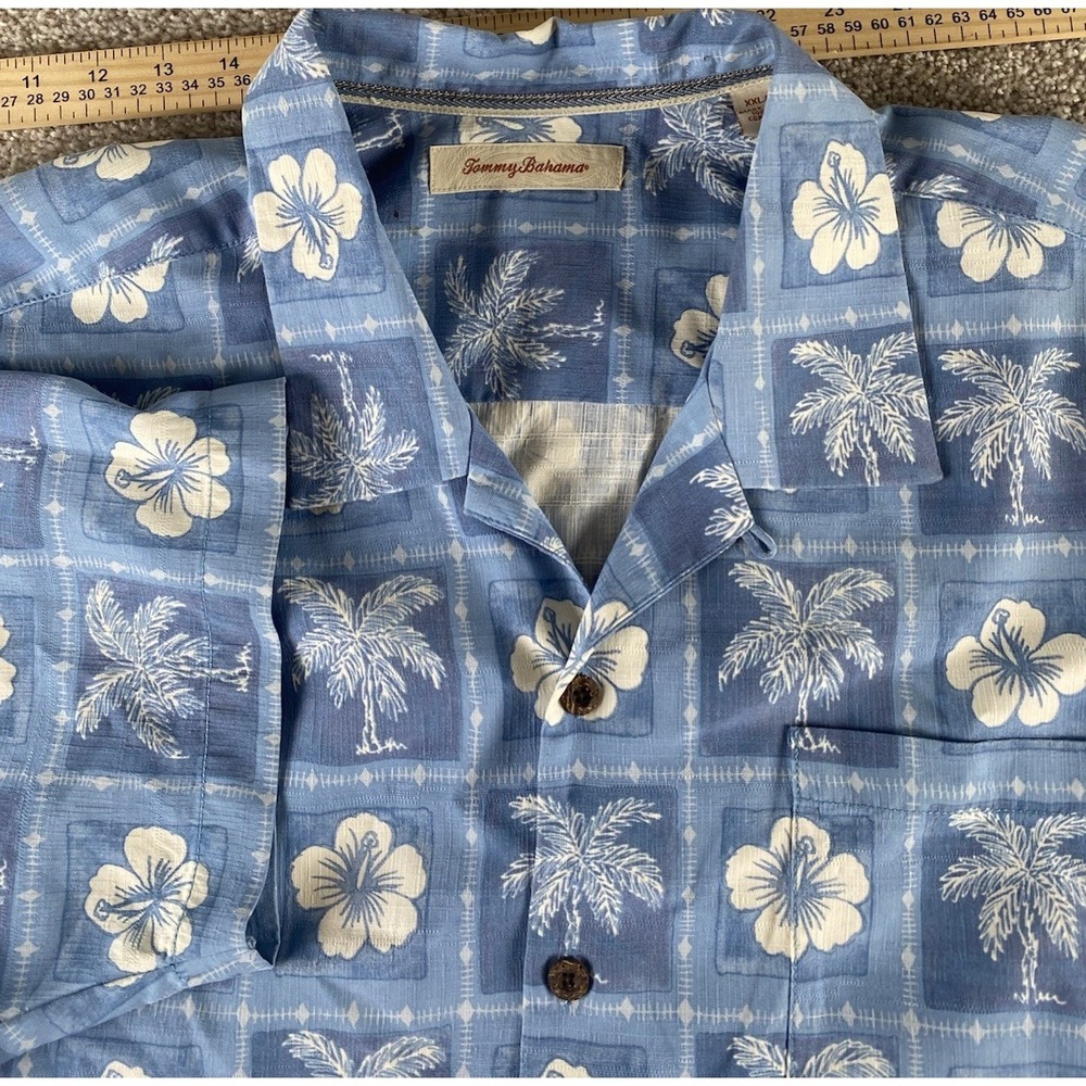 Tommy Bahama Blue All Over Beach Loud Flowers / Palm Tree Hawaiian Mens XXL Silk
